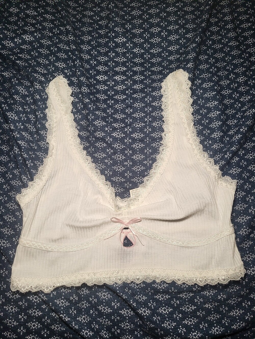 White Lace Trim Sleep Bralette with Pink Bow